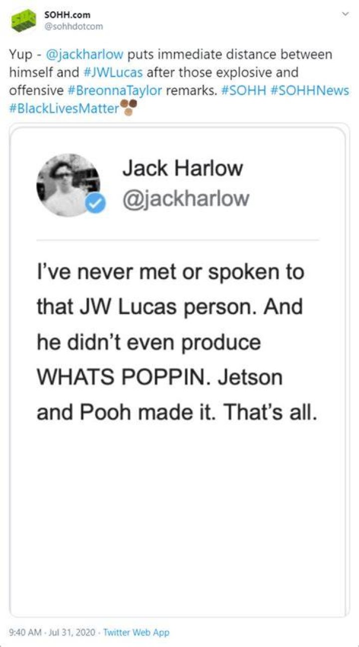 Jack Harlow Says He Never Met Purported ‘What’s Poppin” Producer JW Lucas Who Criticized Breonna Taylor Controversy