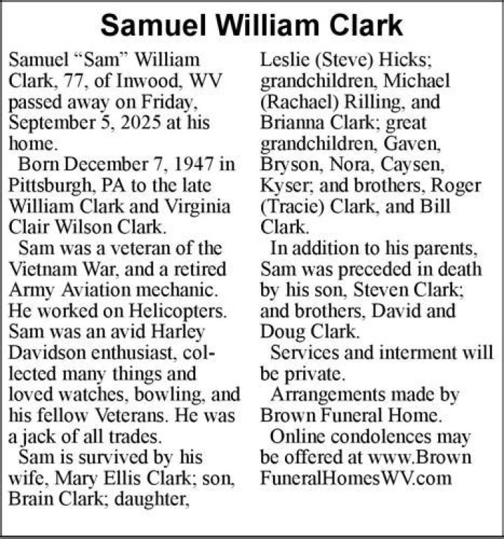 Samuel Clark Obituary, the President of Clark funeral home